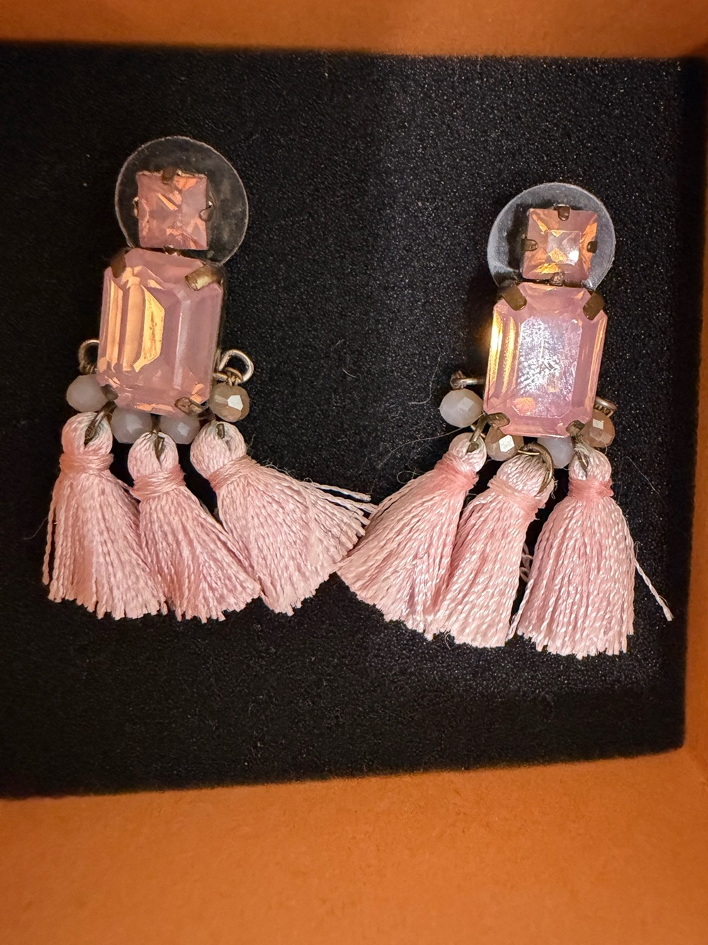 Pink Tassel Drop Earrings with Faceted Stones